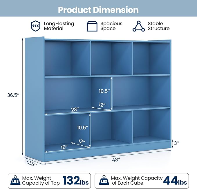 Tangkula 8-Cube Bookcase, Wood 3 Tier Open Storage Bookshelf, Modern Multipurpose Display Cabinet for Living Room, Study, Reading Nook, 48 x 12.5 x 36.5 Inch (Bright Blue)-Ruum Studio Home