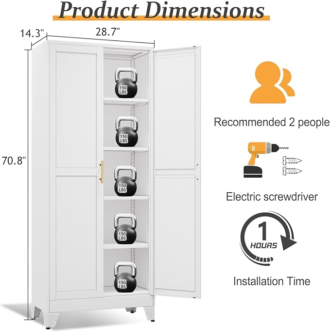 White Pantry Storage Cabinet,71" Kitchen Pantry with Doors and 4 Adjustable Shelves, Metal Storage Cabinet, for Office, Home, Garage, School-Ruum Studio Home