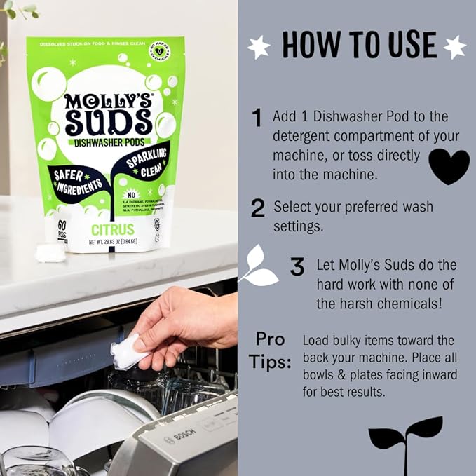 Molly's Suds Dishwasher Pods | Clean Dishwasher Detergent, Cuts Grease & Rinses Clean (Residue-Free) for Sparkling Dishes | 120 Auto-Release Tabs (Unscented)-Ruum Studio Home