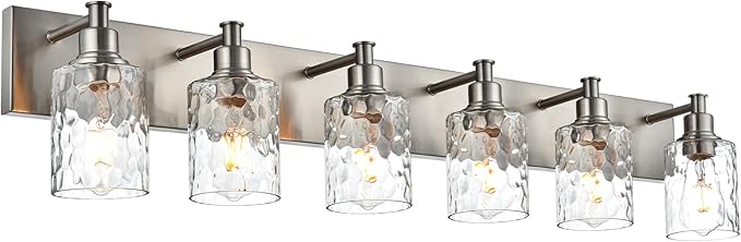 BONLICHT Vanity Light Fixture Brushed Nickel 6-Light Modern Farmhouse Wall Sconce Bathroom Lighting with Hammered Glass Industrial Wall Mount Lights for Kitchen Dining Room Cabinet Corridor-Ruum Studio Home