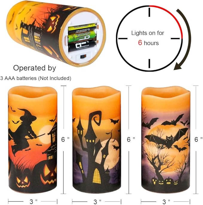 Wondise Halloween Flameless Flickering Candles with 6hrs Timer, Battery Operated Candles with Halloween Decals Real Wax LED Pillar Candles for Halloween Home Table Decor (3 x 6 Inches), Orange-Ruum Studio Home