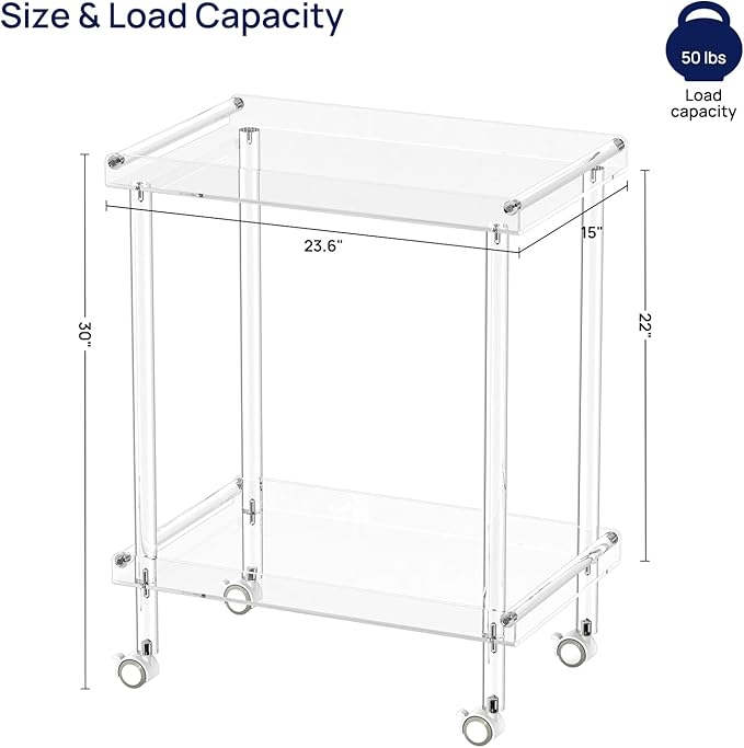 HMYHUM Acrylic Bar Cart, Rolling Serving Cart with 4 Lockable Wheels for The Home Bar, Kitchen, Living Room, Modern, 2-Tier, 23.6" L x 15" W x 30" H, Clear-Ruum Studio Home