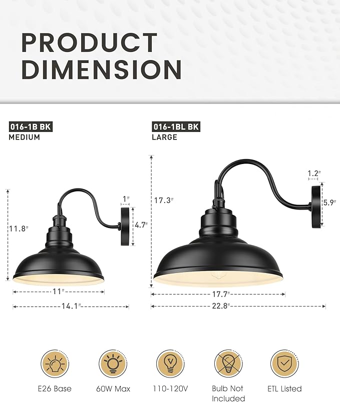 zeyu Black Gooseneck Barn Light, Modern Outdoor Wall Light Fixtures, Barn Light for Garden Garage, Matte Black Finish, 016-1BL BK-Ruum Studio Home