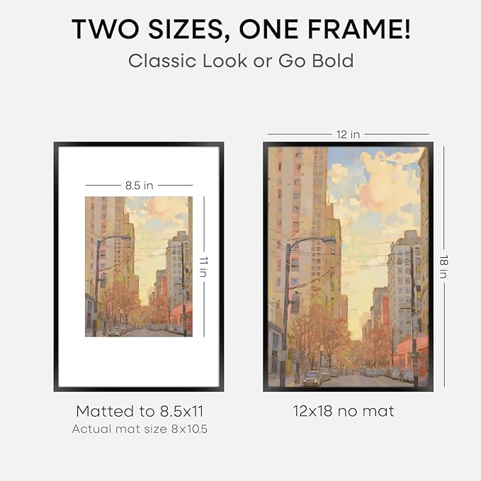 Homeforia 12x18 Picture Frame Black, High End Metal 12x18 Poster Frames with Mat 8.5x11 Photo, 12 x 18 Black Frames Matted to 8.5 by 11 inch Print, 18x12 Thin Frame, Tempered Glass, Wall Kit, Set of 1-Ruum Studio Home