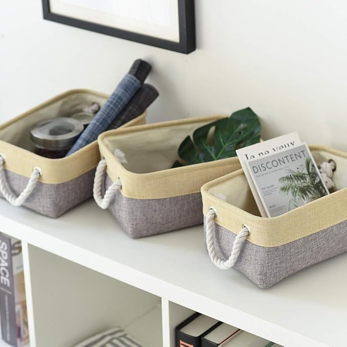 Fabric Storage Baskets for Organizing(6 Pack) Small Baskets for Shelves,storage, Laundry, Nursery, Closets, Decorative Baskets for Gifts Empty (Grey & gold, 11.8” x 7.8” x 5.1”)-Ruum Studio Home