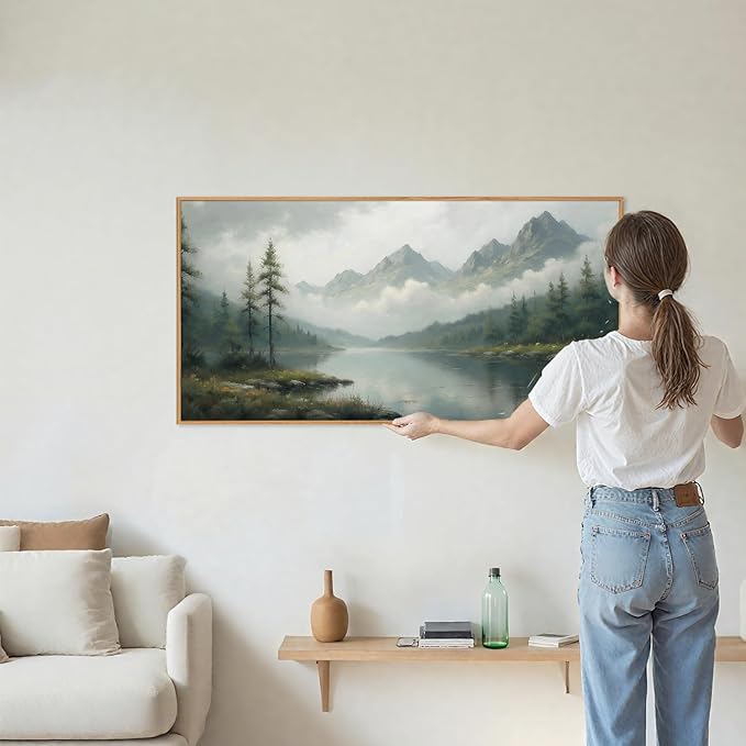 SIGNINART Large Misty Mountain Framed Canvas Wall Art, Green Forest River Scenery Wall Decor, Modern Foggy Wooden Landscape Artwork, Oil Style Nature Art Print for Living Room Bedroom Office 20"x40"-Ruum Studio Home