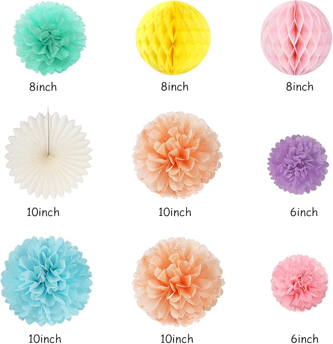 Pastel-Rainbow Colorful Birthday Party-Decorations Paper-Flowers - 14pcs Happy Banner Carnival Theme Lanterns Tissue Pom Poms,Macaron Streamers Garland Fans Honeycomb Hanging Supplies Decor Hugfond-Ruum Studio Home