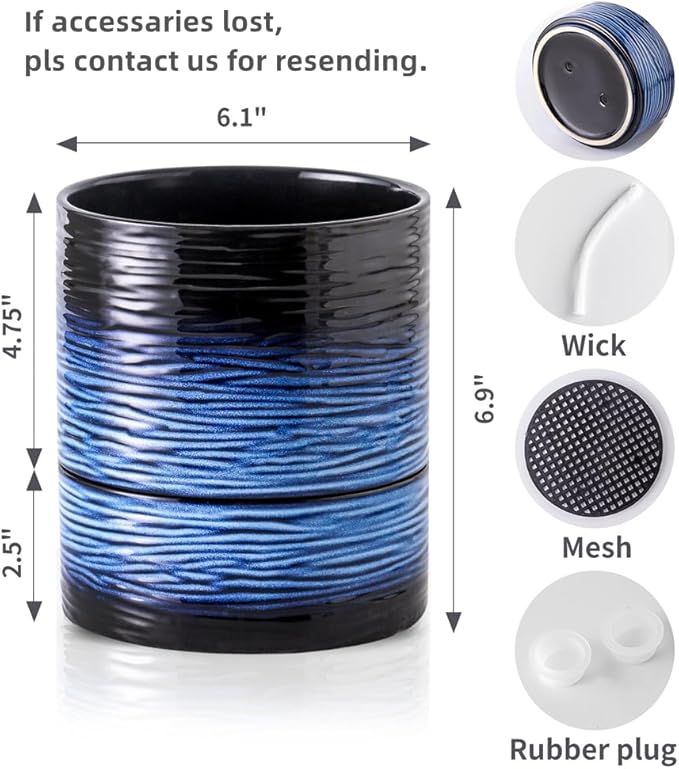 Nihow Self Watering Plant Pot: 6 Inch Ceramic Planter with Drainage Hole & Water Storage Plus for Indoor & Outdoor Plants - Cylinder Round Flower Pot for Succulent/Herbs/Violets - Black & Vivid Blue-Ruum Studio Home