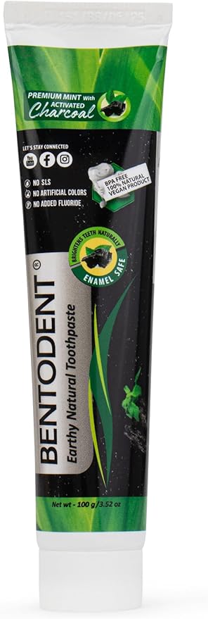 BENTODENT Teeth Whitening Bentonite Clay & Activated Organic Charcoal Toothpaste & Scraper - Detox,Tea Tree, Fluoride Free Adult, Vegan, Travel 3.52 oz-Ruum Studio Home