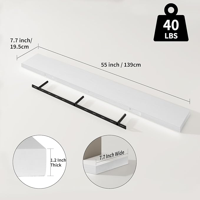 SAUMONIERES Floating Shelves 8 Inch Deep Solid Wood Wide Wall Shelf Set of 1 Wall Mounted for Bedroom Bathroom Living Room Kitchen, 55 Inch White-Ruum Studio Home