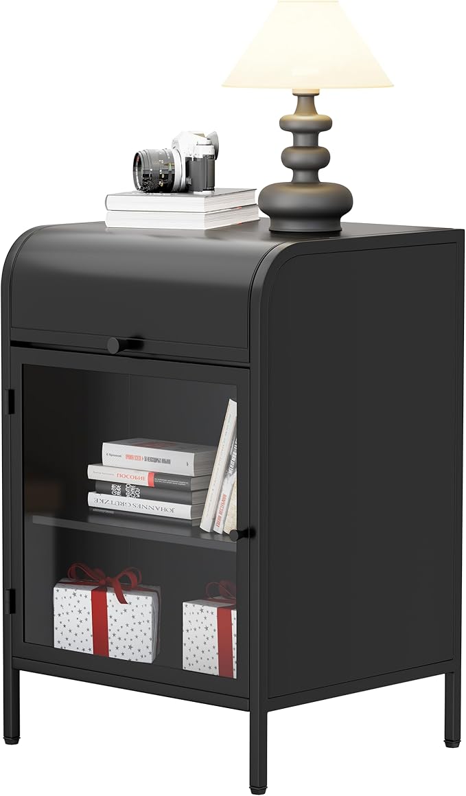 Modern Metal Side Tables, End Tables with Glass Door, 2-Tier Nightstands with Storage Shelves, Accent Table, Slim Sofa Table for Living Room, Bedroom (1, Black)-Ruum Studio Home