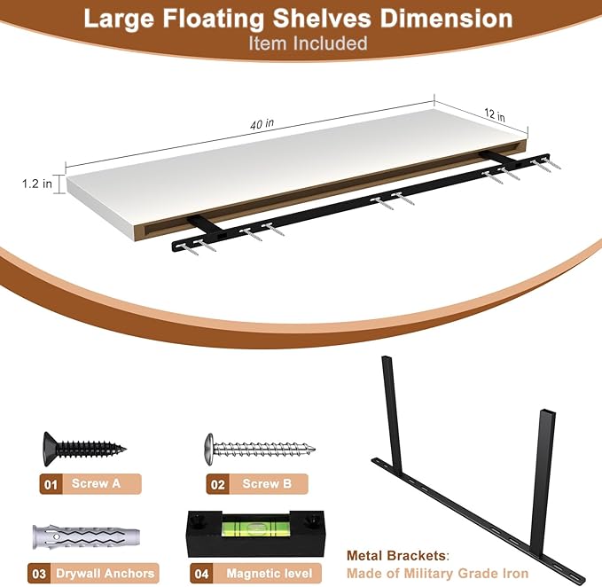 40 Inch Floating Shelf 2 Pack Large Floating Shelves for Wall No Drilling Accessories Included Deep Wall Shelves for Living Room Kitchen Farmhouse 40" W x 12" D x 1.2" White-Ruum Studio Home