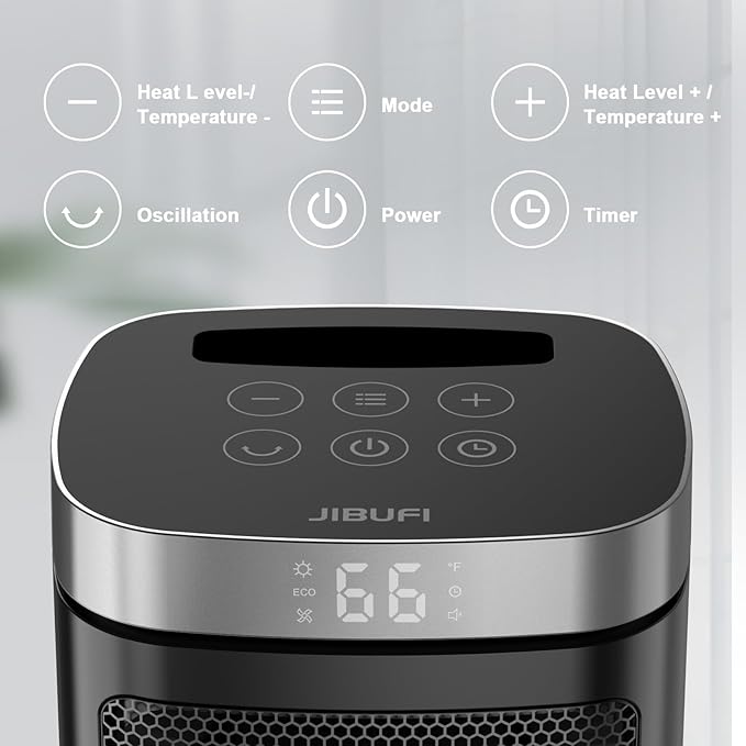 Small Portable Space Heater for Indoor Use - with 70°Rotating Feature, JIBUFI 1500W PTC Electric Heater, Rapid and Safe Heating, Remote Control, 1-12 Hr Timer for Bedroom, Office-Ruum Studio Home