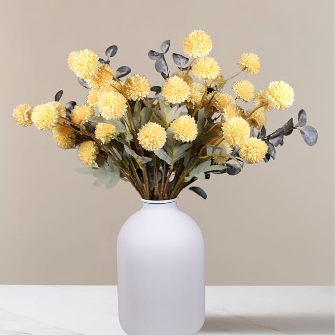 Yellow Flowers Artificial Long Stems Kiku Flower With Eucalyptus, Spring Flowers Decor, Mustard Yellow Decor, Flores Amarillas Artificiales Para Decoracion, Faux Easter Spring Summer Floral Stems-Ruum Studio Home