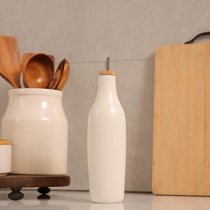 HOMCDALY Ceramic Olive Oil Dispenser for Kitchen, Stoneware 16oz Oil and Vinegar Bottles Dispenser, Kitchen Dispenser Bottle for EVOO Vinegar Syrups, Modern Farmhouse Design(W)-Ruum Studio Home