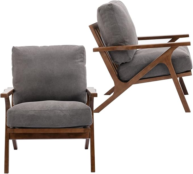 HNY Set of 2 Mid Century Accent Chair, Upholstered Armchair with Wood Frame and Canvas Cushions, Leisure Reading Chair Slipper Chair for Living Room, Bedroom, Gray-Ruum Studio Home