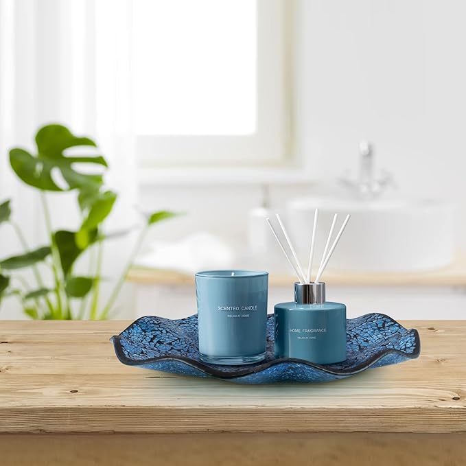 MDLUU Mosaic Centerpiece Tray, 12" Decorative Glass Plate, Home Decor Glass Bowl for Dining Room Table, Coffee Table, Gift (Turquoise)-Ruum Studio Home