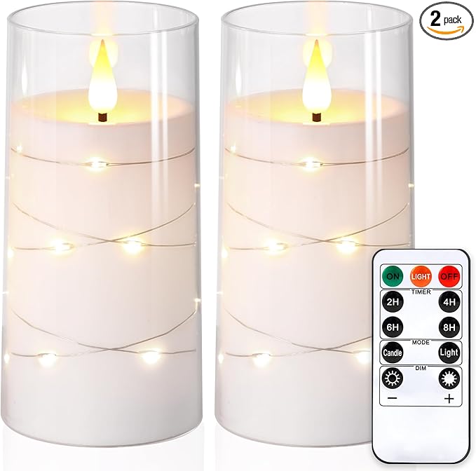 NURADA Flickering Flameless Candles: Built-in Star String Lights, Acrylic Battery Operated LED Pillar Candles with Remote and Timer for Romantic Mood Home Decoration - 2 Pack Pure White-Ruum Studio Home