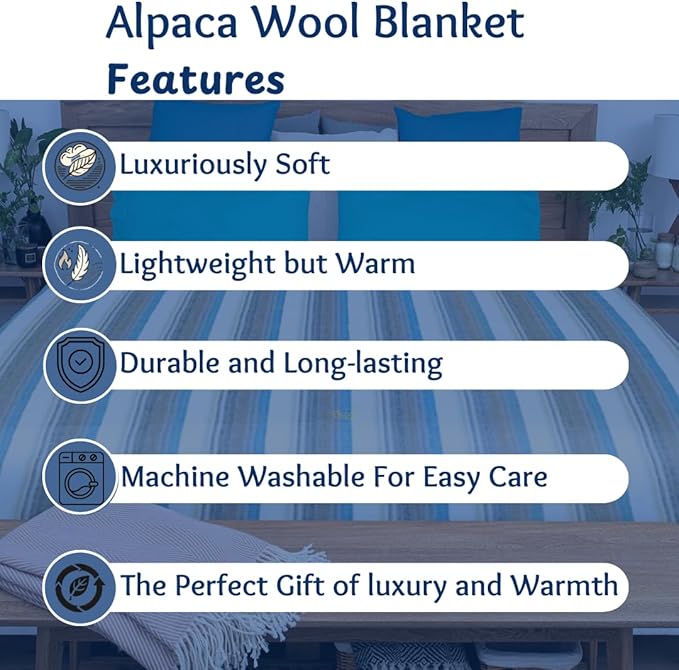 Alpaca Wool Throw Blanket | Super Soft, Lightweight, Breathable and Hypoallergenic | Non-Itchy or Scratchy (Blue White Varicolored, Queen (U.S. Standard))-Ruum Studio Home