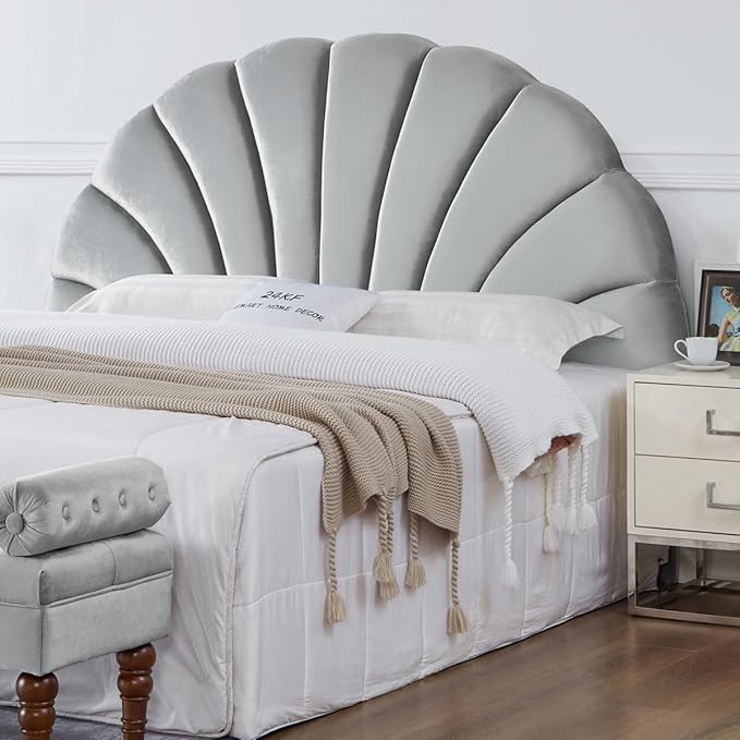 24KF Stunning Crown Design King Headboard, Upholstered Soft Velvet Petal Pattern Headboard King/CA King-Gray-Ruum Studio Home