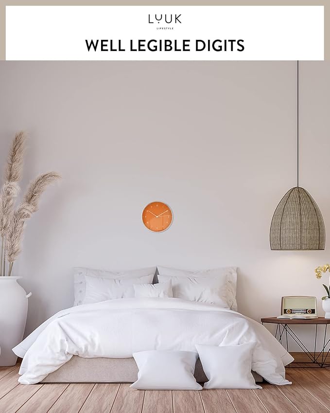 LUUK LIFESTYLE Silent Quartz Wall Clock, Modern and Minimalist Design, Without Ticking, 10” Kitchen Clock, for Living Room, Bedroom, Housewarming Gift, Orange and Silver-Ruum Studio Home