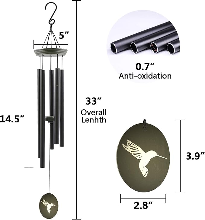 Hummingbird Outdoor Wind Chimes for Outside - 33" Tall, Tuned Melody, Memorial Gift for Mom/Grandma, Weather-Resistant, Perfect Decoration for Patio, Garden, Yard & Indoors-Ruum Studio Home