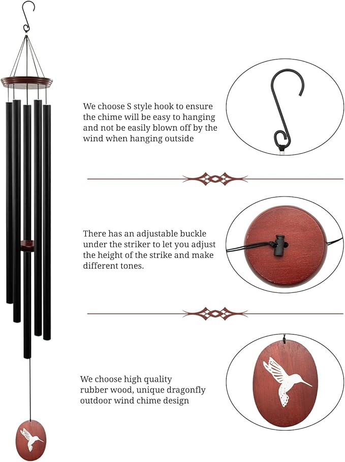 60" Wind Chimes Outdoor, WindChimes Large Wind Chimes for Outside Deep Tone with 5 Tuned Tubes and S Hook, Wind Chime Outdoor Decoration for Patio, Garden, Yard (Hummingbird)-Ruum Studio Home
