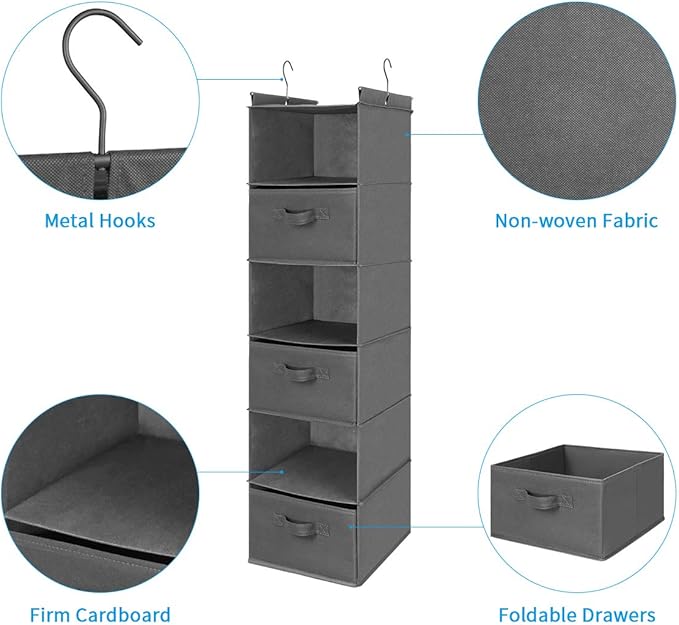 MAX Houser 6 Tier Shelf Hanging Closet Organizer, Closet Hanging Shelf with 2 Sturdy Hooks for Storage, Foldable (Grey-D3)-Ruum Studio Home
