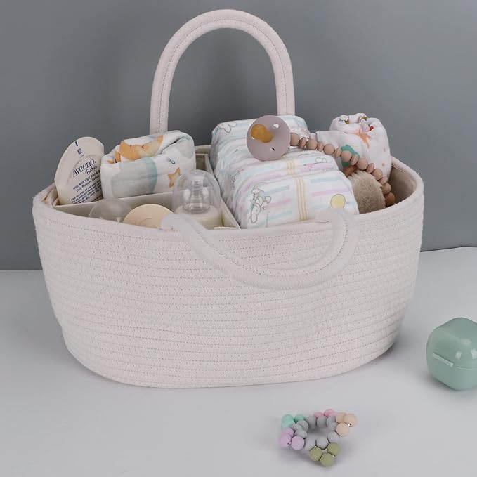 Baby Diaper Caddy Organizer for Girl Boy Cotton Rope Nursery Storage Bin Basket Portable Holder Tote Bag for Changing Table Car Travel Baby Shower Gifts Newborn Essentials Registry Must Haves White-Ruum Studio Home