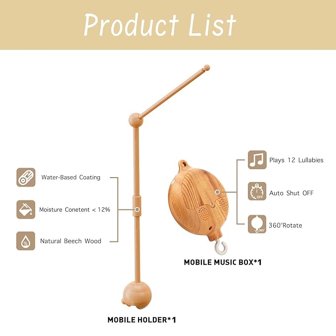 Crib Mobile Arm with Music Box,32.5 Inch Crib Mobile Stand,Wooden Mobile Arm for Crib (2 Modes,360°Adjustable,100% Beech Wood) Baby Crib Mobile for Boy and Girl-Ruum Studio Home