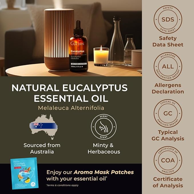 Gya Labs Eucalyptus Essential Oil for Diffuser - Huge 4 Fl Oz - 100% Pure Natural Eucalyptus Oil for Skin, Humidifier, Aromatherapy & Candle Making Scent-Ruum Studio Home