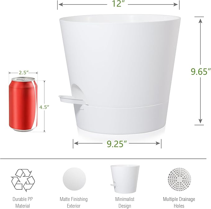 Self Watering Pots for Indoor Plants,12 inch Planters with Drainage Holes Plastic Flower Pots with Deep Reservoir, White-Ruum Studio Home