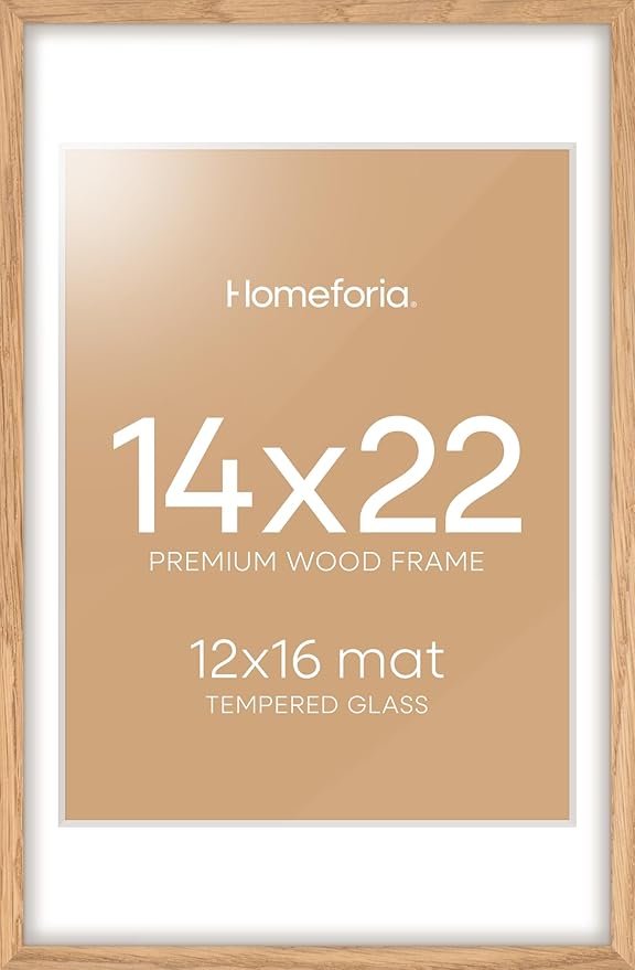 Homeforia 14x22 Picture Frame Wood, High End Natural Oak 14x22 Light Wooden Poster Frame with Mat 12x16, 14 x 22 Frames Matted to 12 x 16 Photo, 22x14 Hanging Frame, Tempered Glass, Wall Kit, Set of 1-Ruum Studio Home