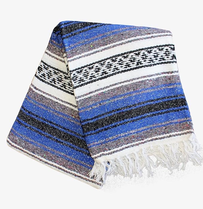 Del Mex Classic Mexican Blanket, Large Authentic Woven Falsa Throw (70"x50"), Artisan Southwest Décor for Beach, Yoga, Outdoors (Blue)-Ruum Studio Home
