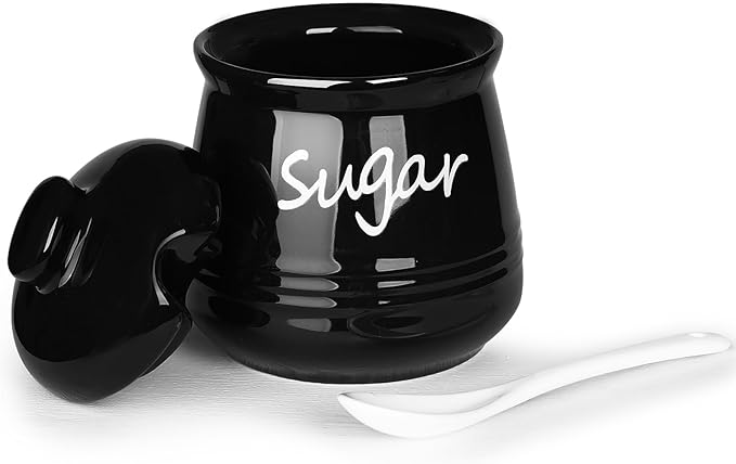 HAOTOP 12oz Sugar Bowl with Lid and Spoon,Ceramic Sugar Jar Sugar Dispenser Sugar Container Coffee Bar Accessories, Kitchen Countertop Canisters, Black-Ruum Studio Home