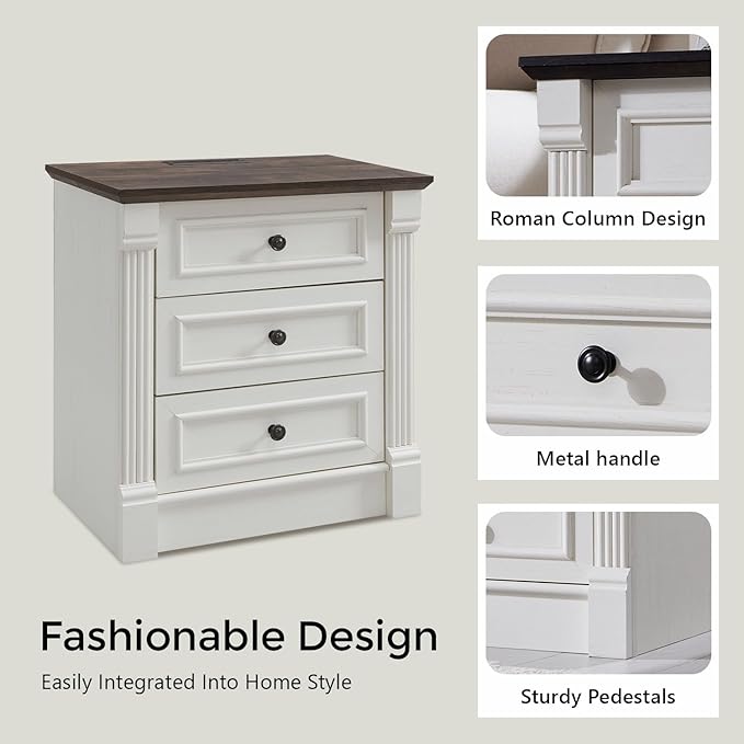 26" Tall Farmhouse Nightstand Set of 2, 3 Drawers End Table w/Charging Station, 23.6" Wide Large Side Table w/Roman Column, Wood Rustic Sofa Table for Bedroom, White-Ruum Studio Home