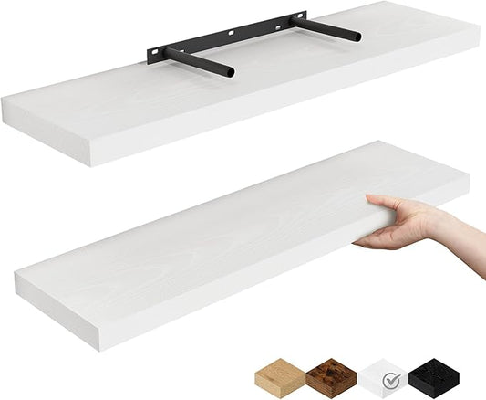 Fun Memories Floating Shelves for Wall, 24" Rustic Wood Deep Wall Mounted Shelves with Invisible Brackets for Decor & Storage, Floating Shelf for Living Room, Bathroom (White, Set of 2)-Ruum Studio Home