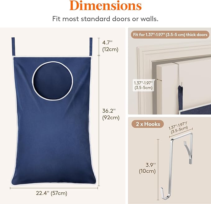 Lifewit 2 Pack Over Door Laundry Hamper, Large Collapsible Hanging Laundry Hamper, Hanging Laundry Basket Bag for Bathroom Bedroom Dirty Clothes Storage Organizer, Dark Blue-Ruum Studio Home