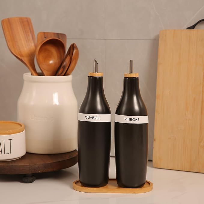 HOMCDALY Olive Oil and Vinegar Dispenser Set, Two 16oz Ceramic Oil Dispenser for Kitchen, Kitchen Dispenser Bottle for EVOO Vinegar Syrups, Modern Farmhouse Design| Set of 2 – Black-Ruum Studio Home