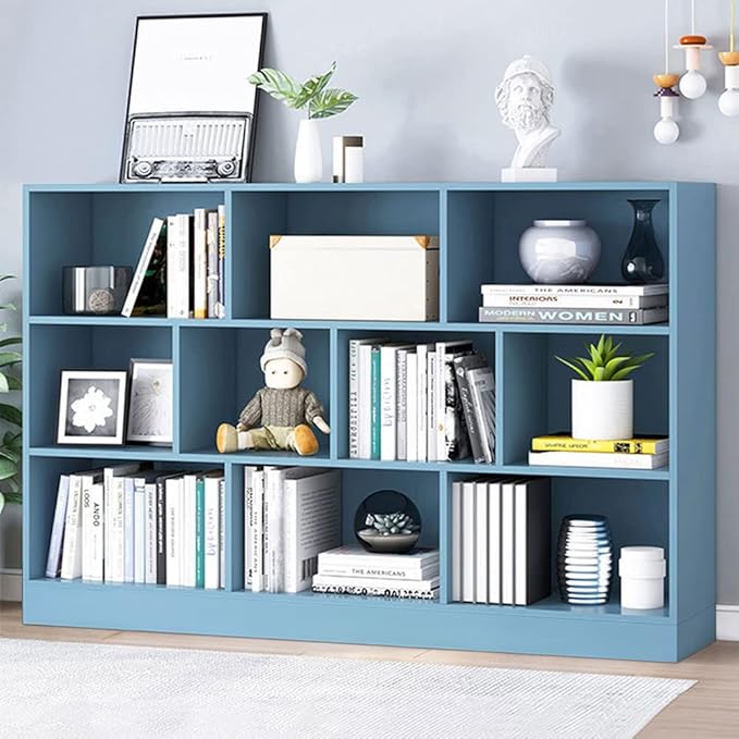 IOTXY Open Shelf Low Bookcase - Wooden 3-Tier Floor Standing Display Cabinet Organizer with Base, 10 Cubes Short Horizontal Bookshelf in Bright Blue-Ruum Studio Home