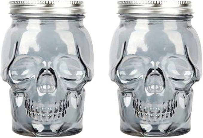 Set of 2 Skull Mason Jar Glasses with Lids | 42oz Reusable Halloween Drinking Glasses | Unique Skull Décor, Storage, & Canning Jars for Parties & Gifts-Ruum Studio Home
