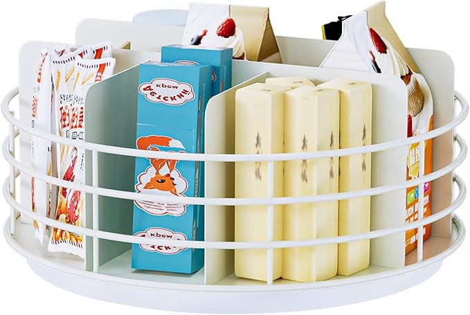 Snack Organizer - Versatile Snack Storage, Lazy Susan with Convenient Grab-and-Go Design, Metal Snack Holder for Home, Office, Breakroom, 10.85" L x 10.85" W x 5" H (White)-Ruum Studio Home