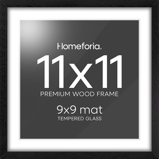 Homeforia 11x11 Black Wood Frame, High-End Oak 11 x 11 Square Picture Frames with Mat 9 by 9 inch Photo, 11by11 Wooden Frame Matted to 9x9 Art, Wall Hanging Frames, Tempered Glass, Wall Kit, Set of 1-Ruum Studio Home