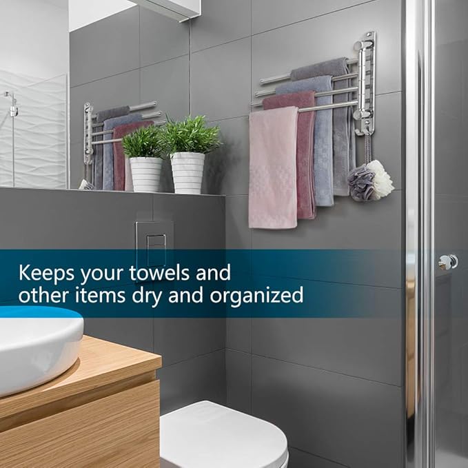Bathroom Towel Rack JSVER 4 Arms Swivel Towel Holder, Towel Bar Wall Mounted, SUS304 Stainless Steel Space Saving Towel Rack, Towel Racks for Bathroom, Kitchen-Ruum Studio Home