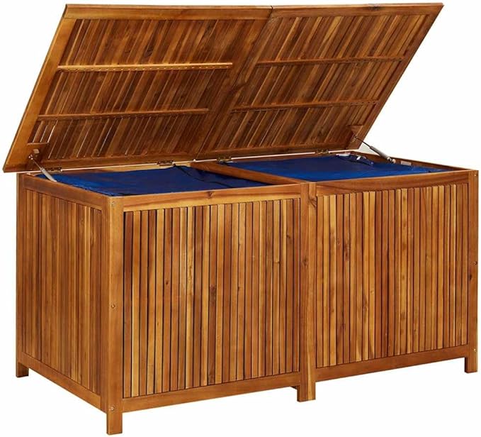 vidaXL Wooden Outdoor Storage Box with Gas-Lift Lid – Patio Deck Chest with Zippered Waterproof Bag for Garden Bench, Pool, Porch, Trunk, Cabinet, Teak Look – Brown, 59.1"x31.5"x29.5"-Ruum Studio Home
