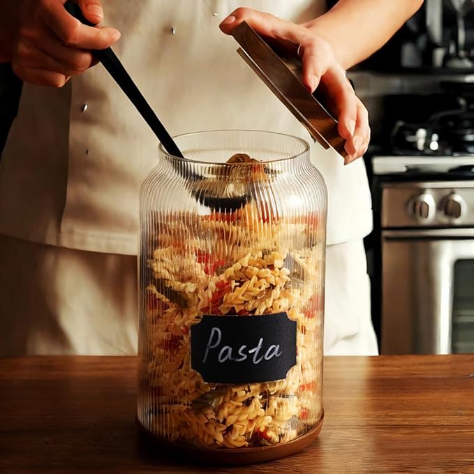 SAIOOL 2-Pack Striped Borosilicate Glass Airtight Canisters - Big mouth Large Capacity, Acacia Wood Lid, Food Storage Jars for Flour, Pasta, Pantry Organization (3/4 Gallon （2 Striped pack）)-Ruum Studio Home
