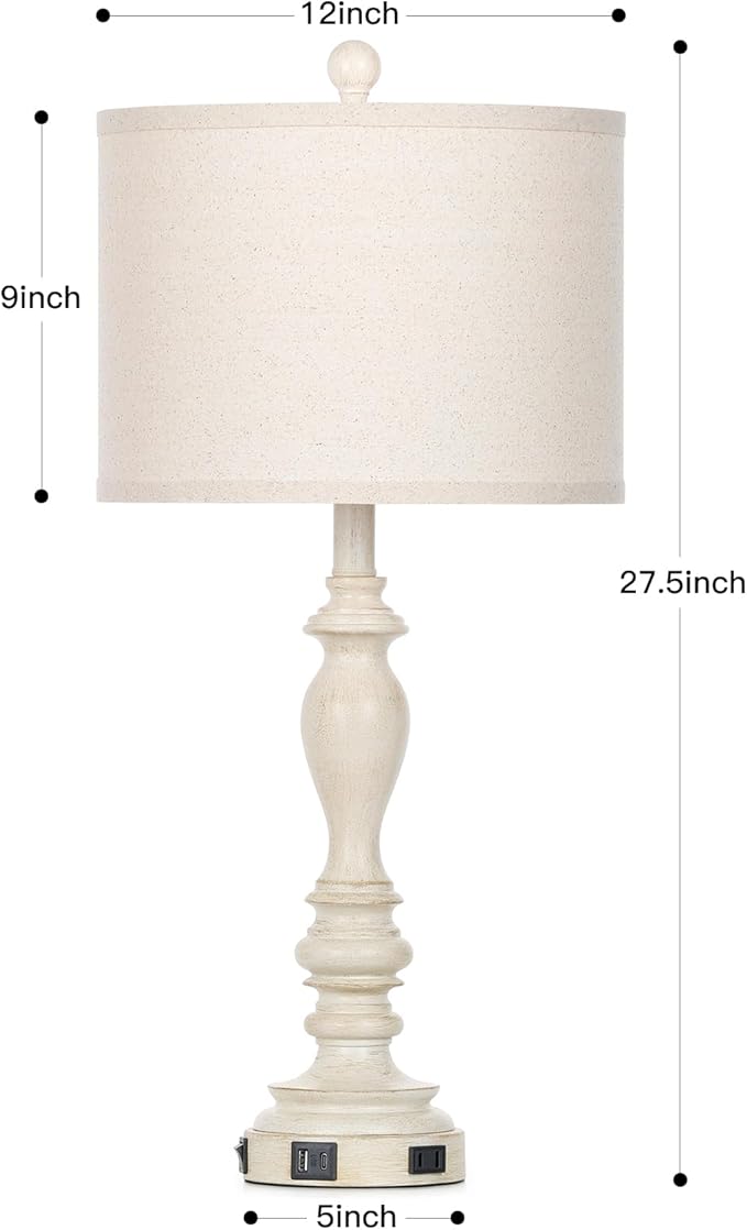 27.5" Retro Table Lamps Set of 2 with USB A+C Charging Ports -Nightstand Lamp for Bedroom Vintage Rustic Table Lamps for Living Room Traditional Nightstand Bedside Lamps（2 Bulbs Included）-Ruum Studio Home