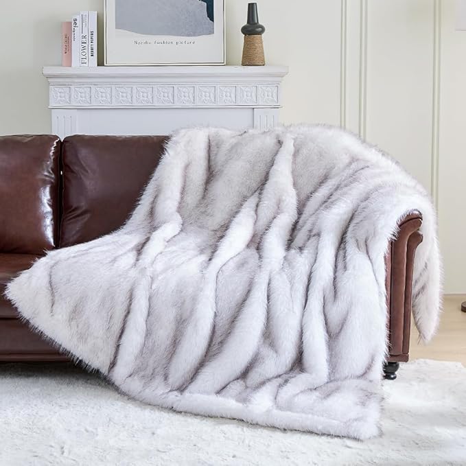 Fluffy Faux Fur Throw Blanket – Super Soft Warm Thick Plush Blanket for Bed, Couch & Office, Cozy Fuzzy Throw with Flannel Backing,90"x90", White-Ruum Studio Home
