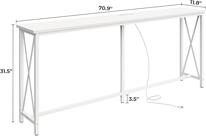 SUPERJARE 70 Inch Console Table with Outlets and USB-C Port, Extra Long Behind Couch Sofa Table with X-Shaped Design, Narrow for Entryway, Living Room, Metal Frame, Wooden Top, White-Ruum Studio Home