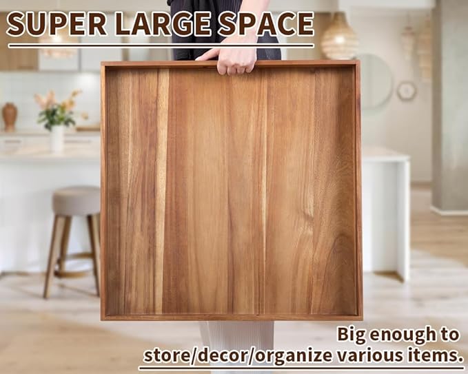 Extra Large Square Wood Tray, Generously 22" Acacia Serving Trays for Large Ottoman Coffee Table, Giant Square Shape Sofa Tray with Handles, Kitchen Organizer Storage Trays Huge Counter Serveware-Ruum Studio Home